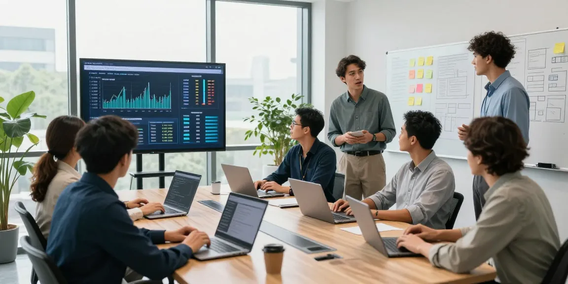 Team discussing london business IT support strategies in a modern office setting with technology displays.