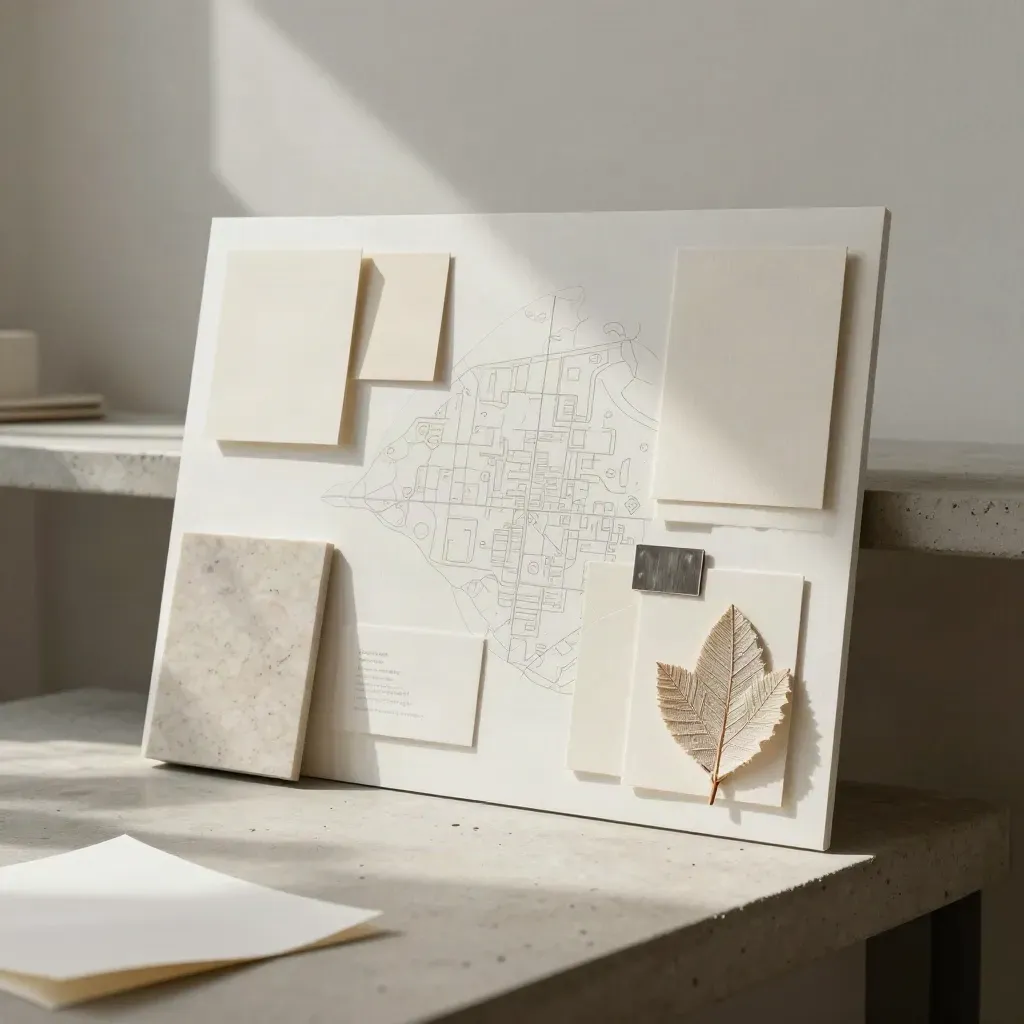 Board strategico con carte avorio, campione di travertino e swatch materici su banco luminoso.