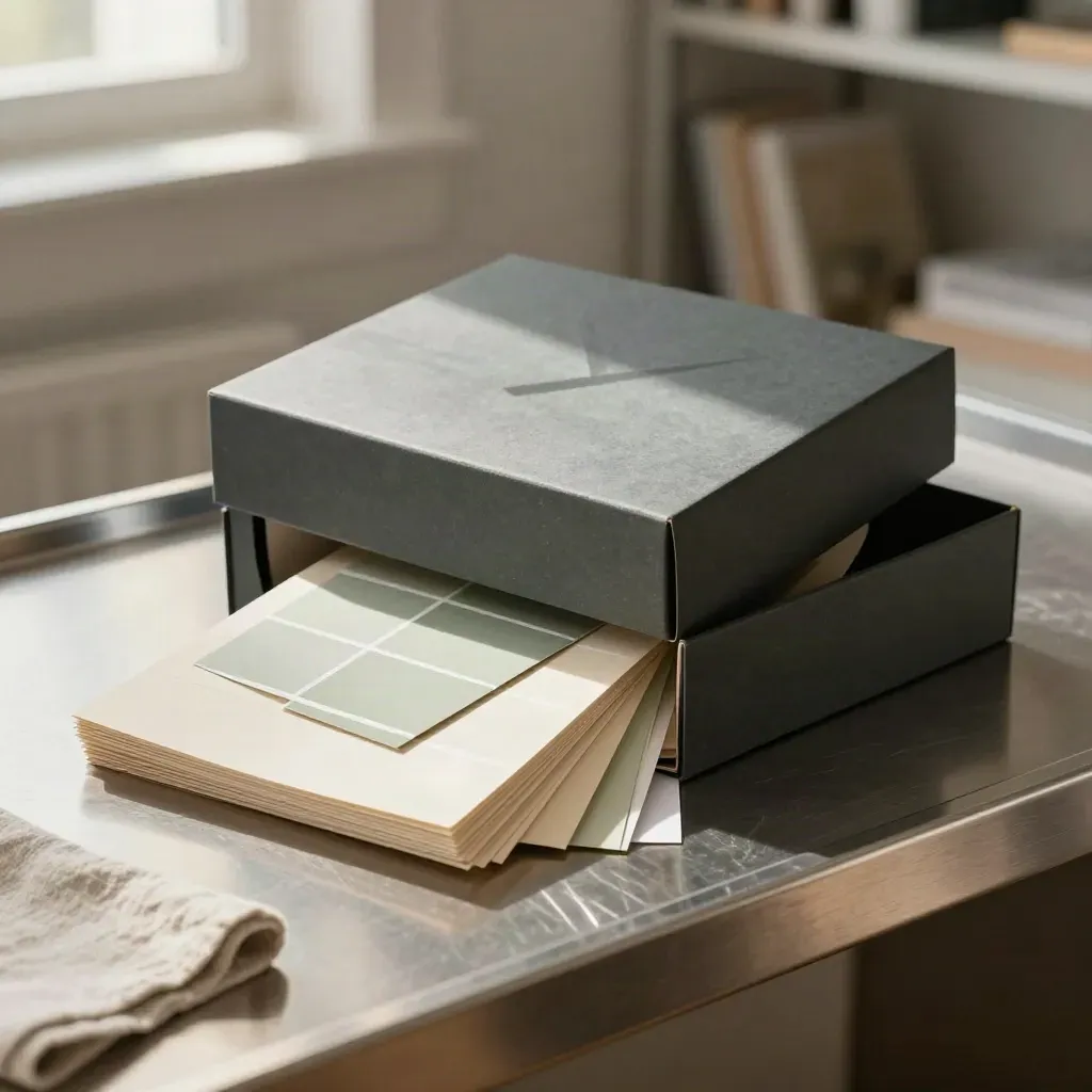Kit evento per agenzia con board, campioni e sleeve piegato su banco metallico