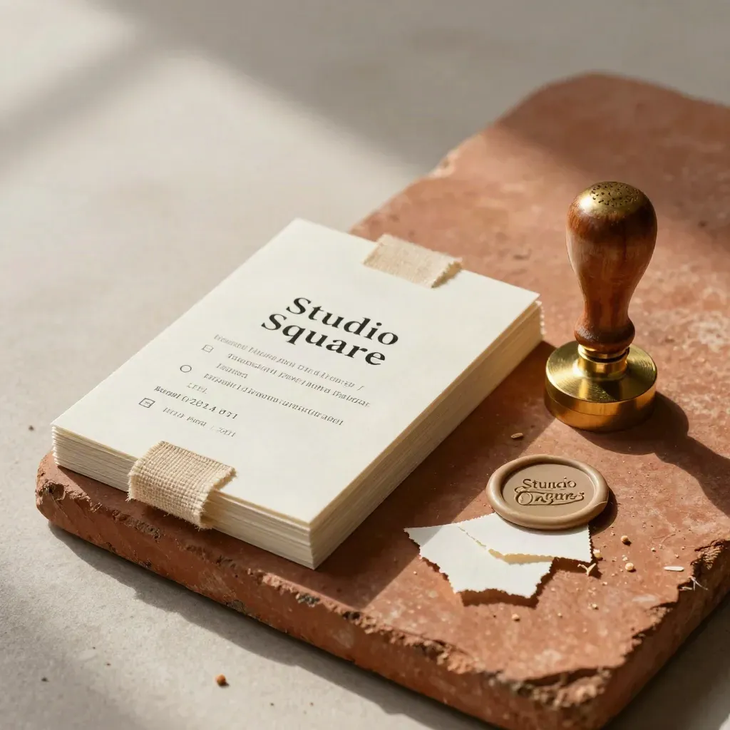 Carte audit brand, tab in lino e timbro su base terracotta, luce morbida dall’alto.