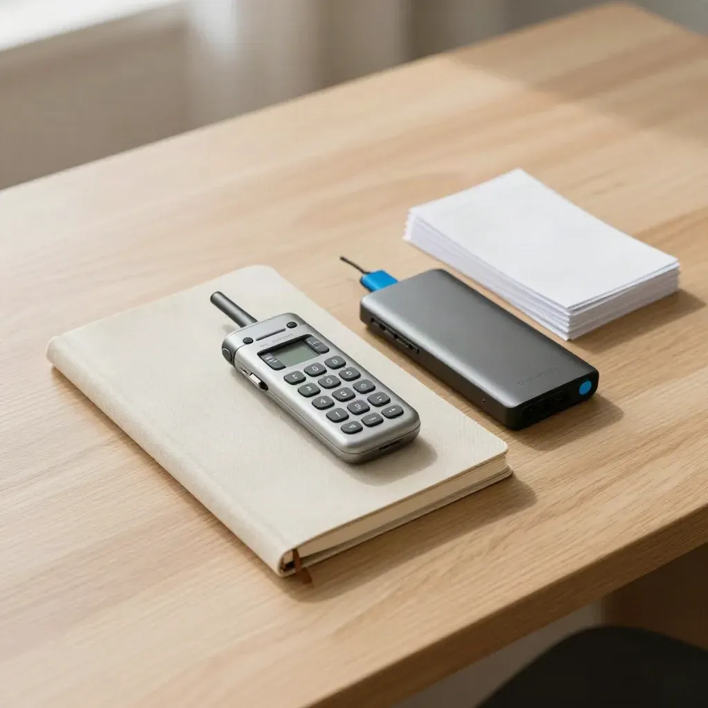 Kit di intake su scrivania chiara con notebook, registratore, drive e card bianche