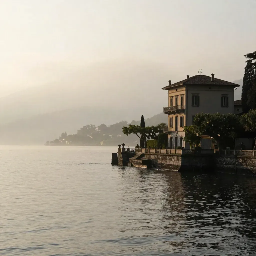 Lago di Como al tramonto con villa in silhouette, terrazze di pietra e foschia sull’acqua