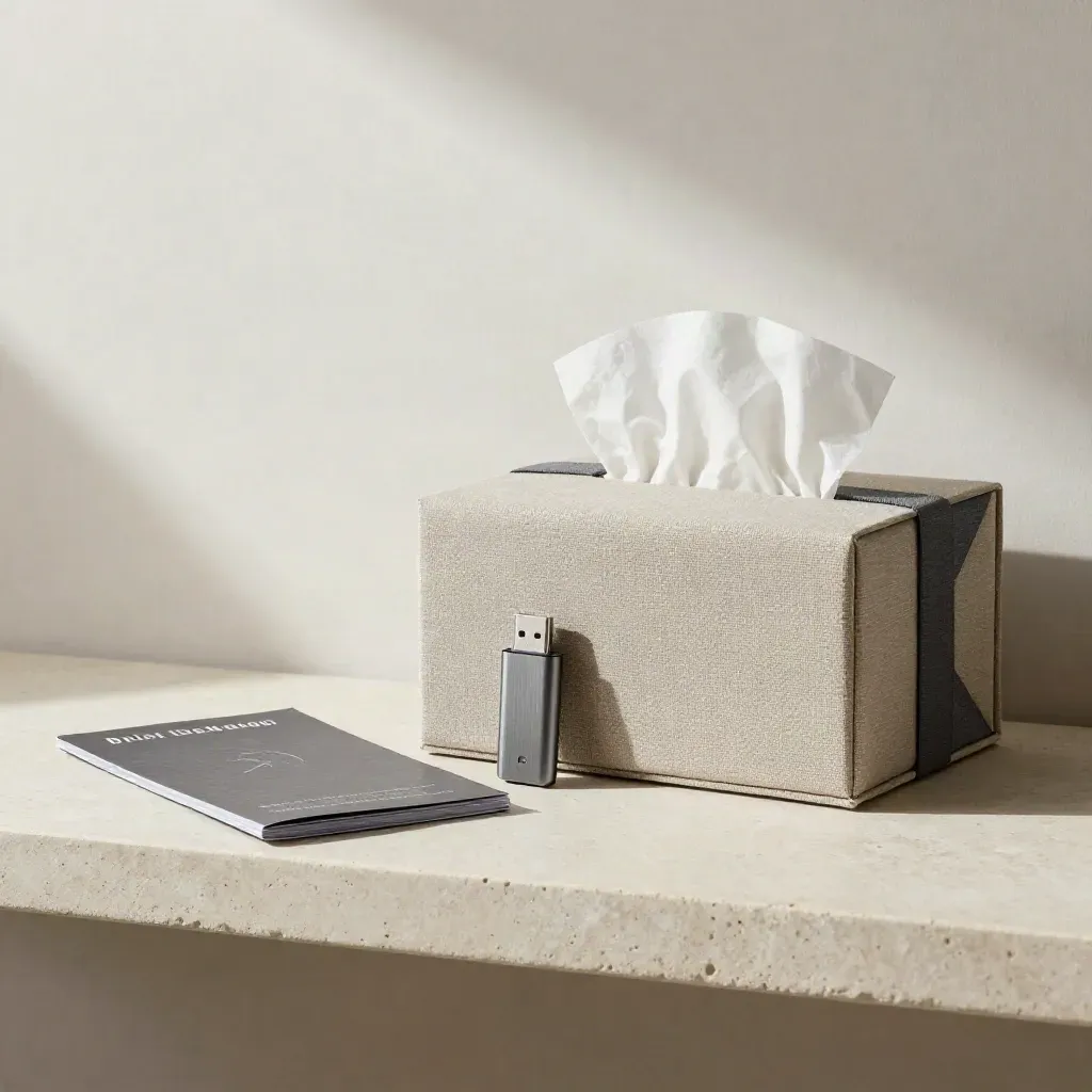 Kit di consegna in lino su mensola di pietra, con USB sigillato e carta piegata.