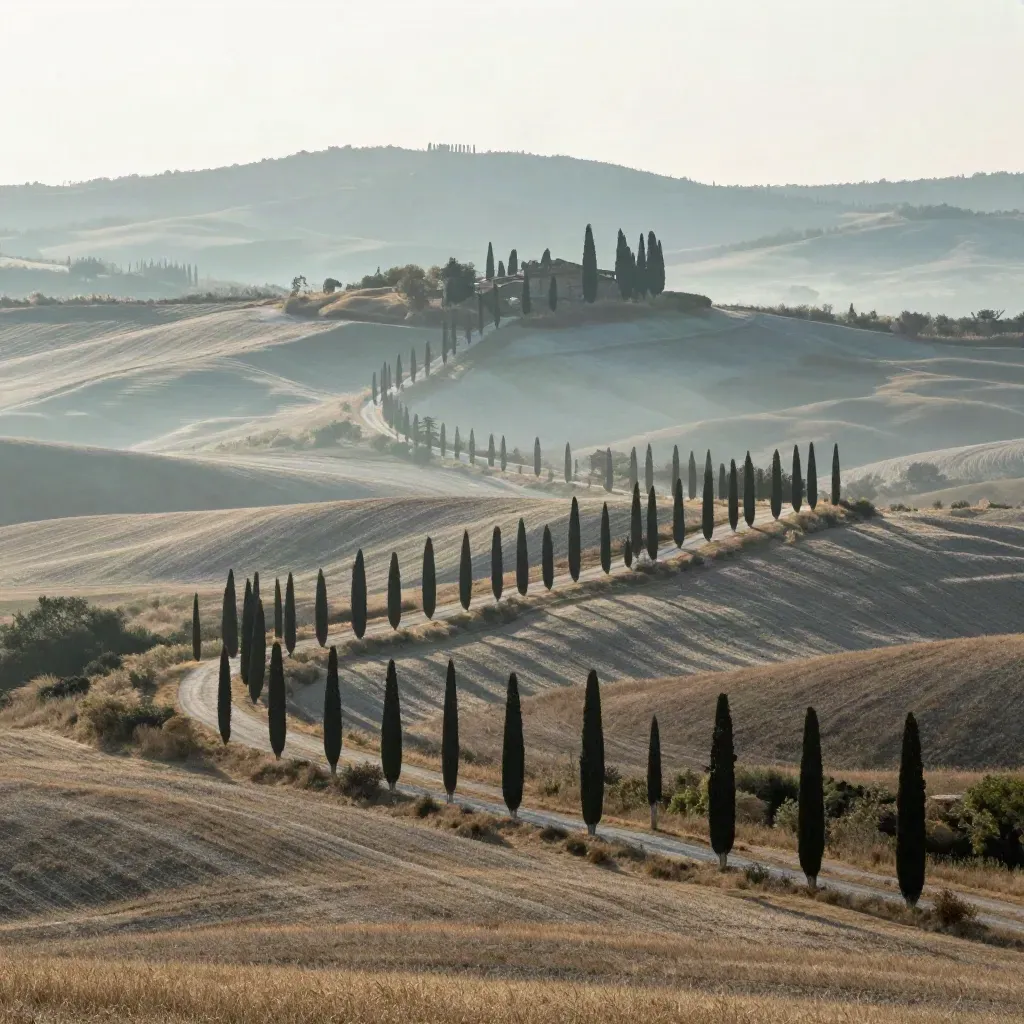 Creste della Val d’Orcia con cipressi e campi chiari avvolti da una sottile nebbia mattutina.