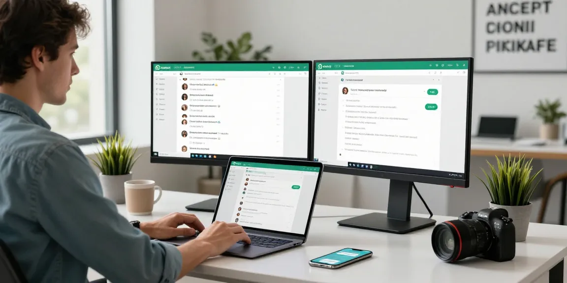 Using WhatsApp網頁版 on dual monitors in a modern workspace, illustrating digital communication.